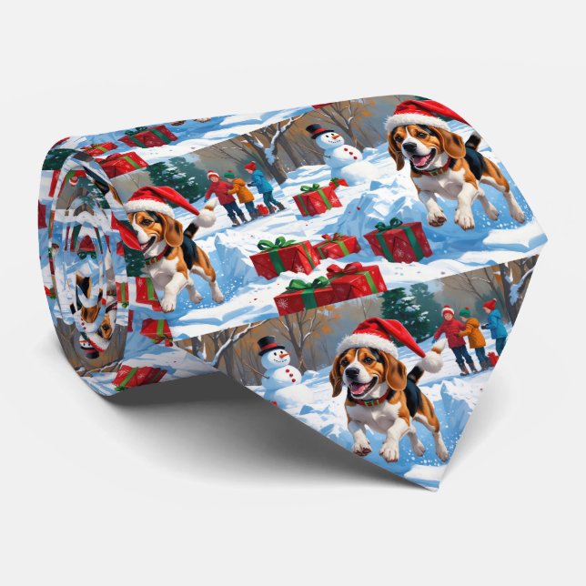 Cravate Scène de neige festive de Noël avec un Beagle (Roulé)
