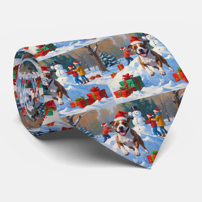 Cravate Scène de neige festive de Noël avec un Bull Terrie (Roulé)