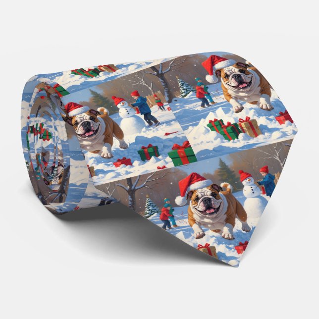 Cravate Scène de neige festive de Noël Bulldog (Roulé)