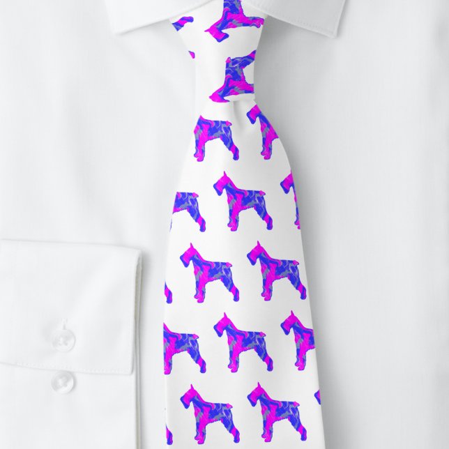 Cravate Schnauzer Chien Cute Rose Silhouette Blanc Cou (Schnauzer pink and blue pattern silhouette white background tie)
