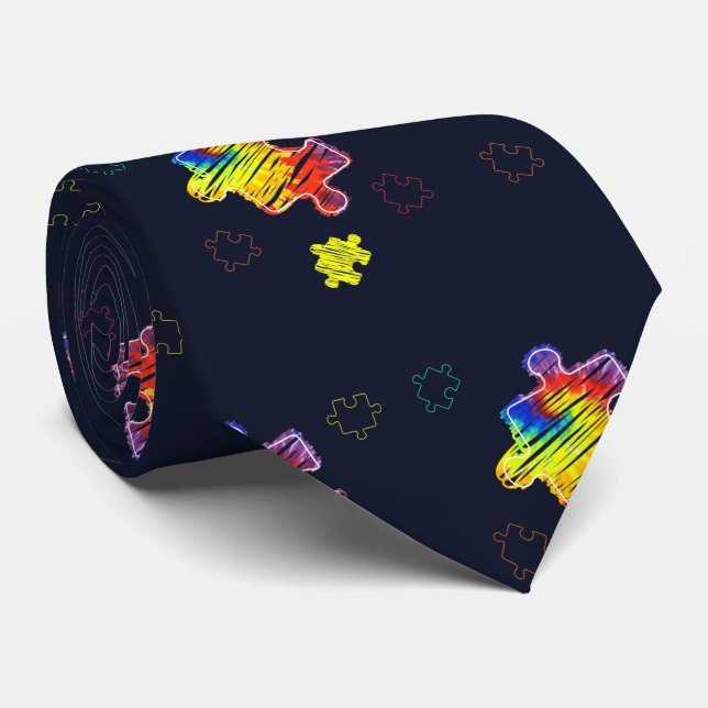 Cravate Sensibilisation sur l'autisme Puzzles jaunes viole (Roulé)