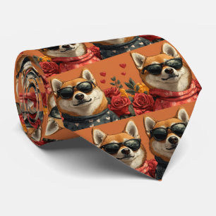 Cravate Shiba Inu avec coeur Roses Saint-Valentin