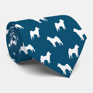 Cravate Shiba Inu Chien Silhouettes Motif Bleu et blanc