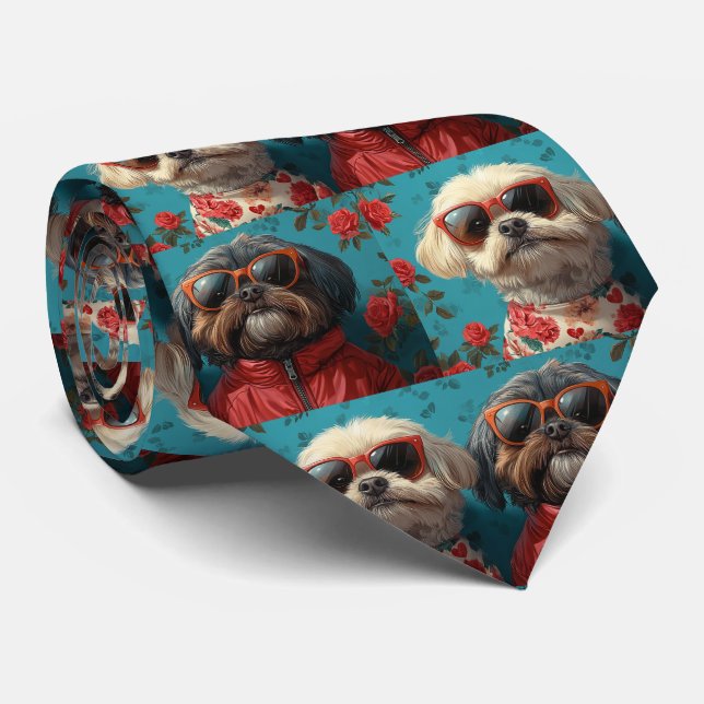 Cravate Shih Tzu avec cœurs roses Saint-Valentin  (Roulé)