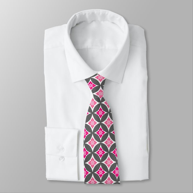 Cravate Shippo avec Motif Fleur, Rose et Gris Argent (Attaché)