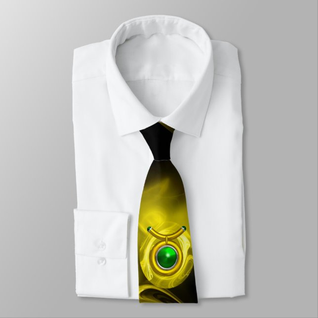 CRAVATE SIGNE TAURUS ZODIAC, ROSE FRACTAL JAUNE EN NOIR (Attaché)