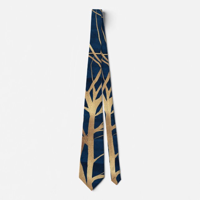 Cravate Silhouette Arbre d'Or moderne Design bleu minimal (Devant)