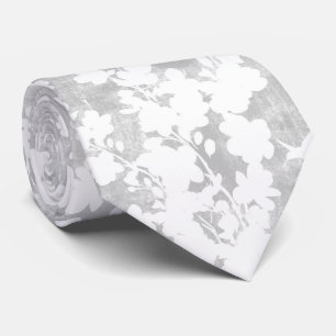Cravate silhouette blanc de fleurs et colibri sur fond gri