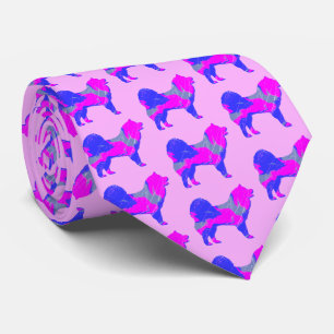 Cravate Silhouette de chien Samoyé rose et bleu rose clair