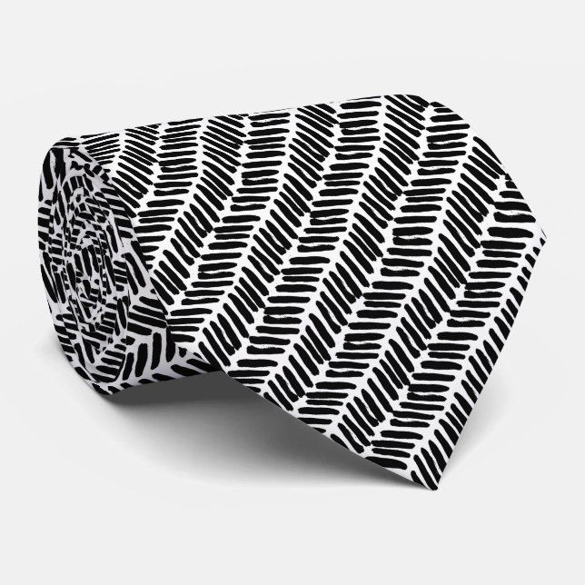 Cravate Simple rayures abstraites noir gris blanc en zigza (Roulé)