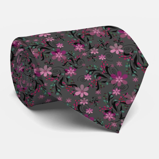 Cravate Simples abstrait rétro fleurs violet gris backgr (Roulé)