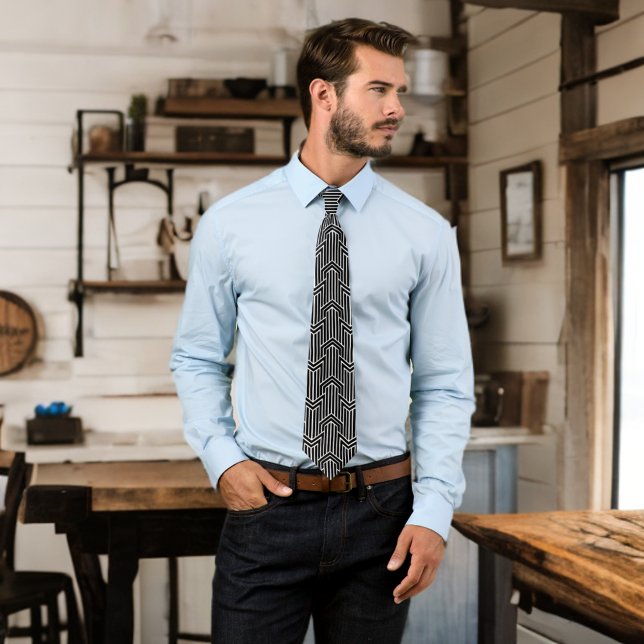 Cravate Sleek Black White Art Deco Mites Mens Chic (Sleek Black White Art Deco Mites Mens Chic Neck Tie Male Model Standing in Room)