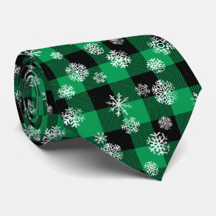 Cravate Snowflakes Green Buffalo Plaid l Christmas Motif