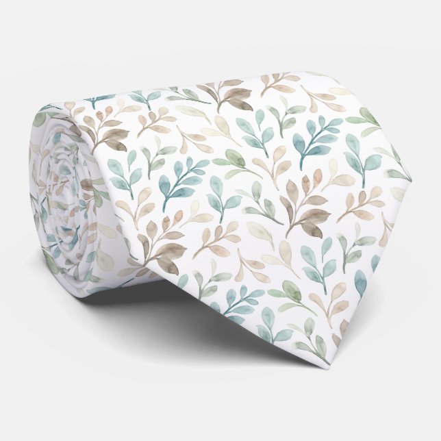 Cravate Soft Sage and Ochre Watercolor Leaves Pattern  (Roulé)