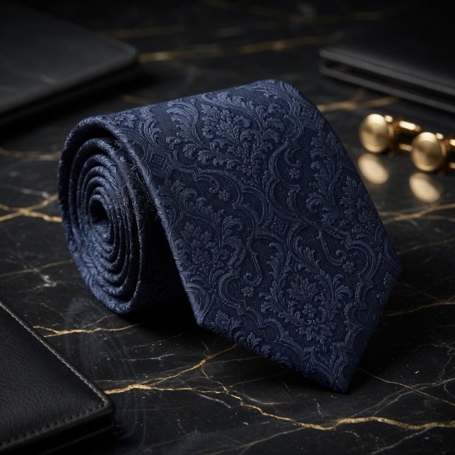 Cravate Soie de luxe bleu marine minuit jacquard baroque d (Créateur téléchargé)