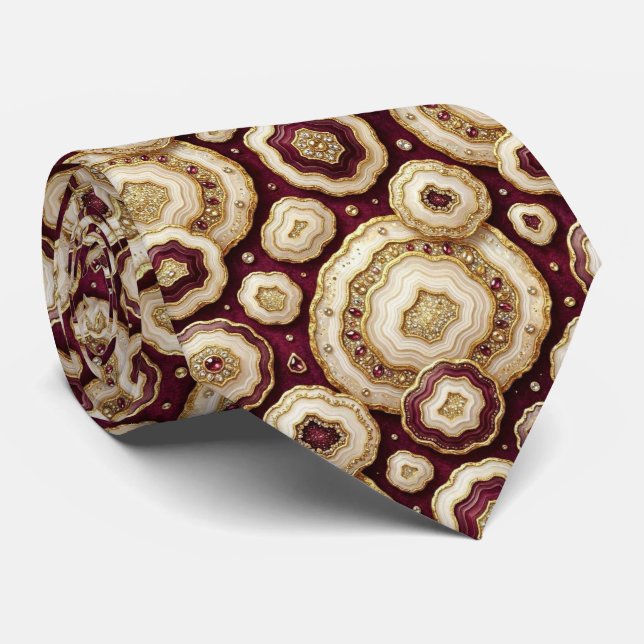 Cravate Soie fausse de luxe | Col Burgundy + Gold Geode (Roulé)
