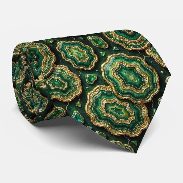 Cravate Soie fausse de luxe | Géode verte + or (Roulé)