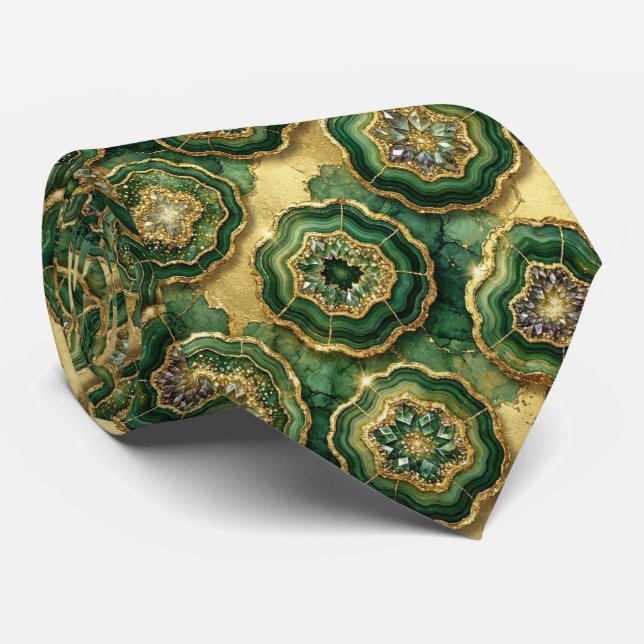 Cravate Soie fausse de luxe | Géode verte + or (Roulé)