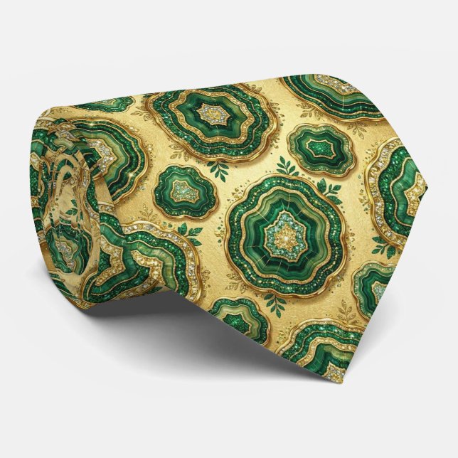 Cravate Soie fausse de luxe | Géode verte + or (Roulé)