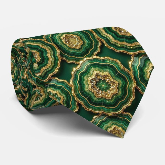 Cravate Soie fausse de luxe | Géode verte + or (Roulé)