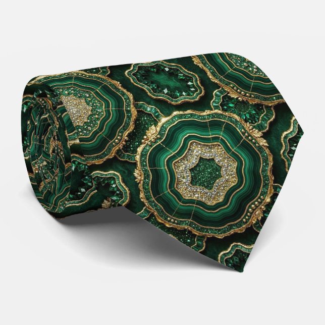 Cravate Soie fausse de luxe | Géode verte + or (Roulé)