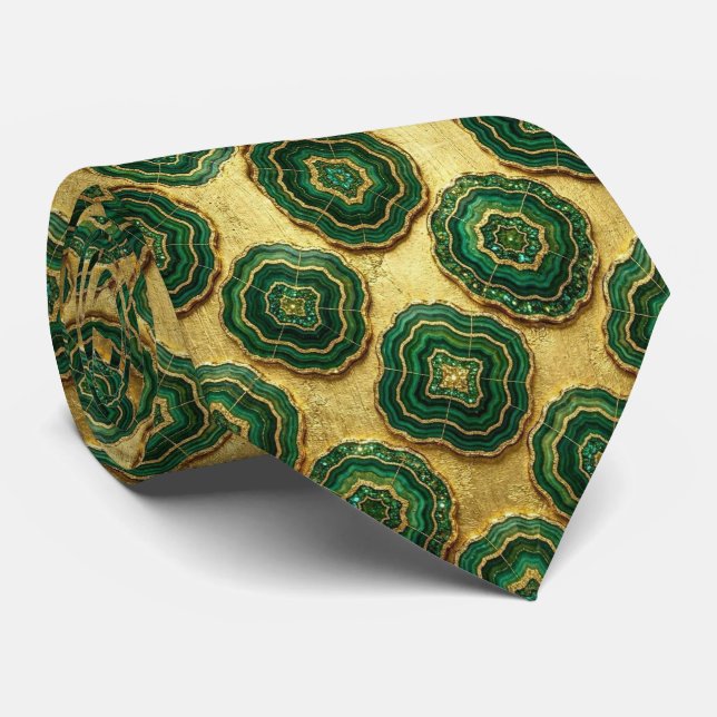 Cravate Soie fausse de luxe | Géode verte + or (Roulé)
