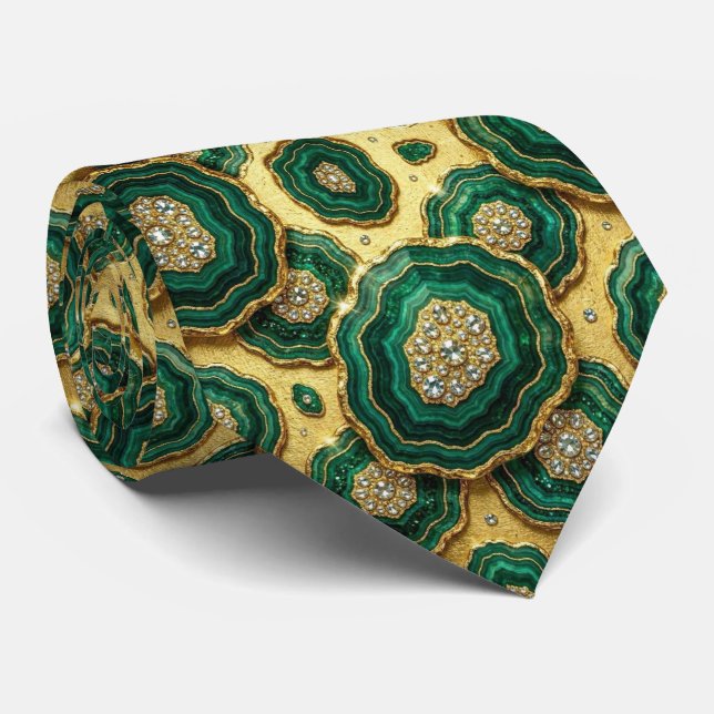 Cravate Soie fausse de luxe | Géode verte + or (Roulé)