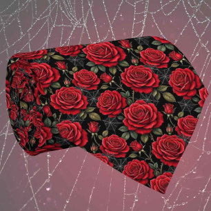 Cravate Soie fausse gothique Roses et toiles d'araignée