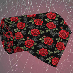 Cravate Soie fausse gothique Roses et toiles d'araignée