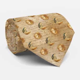 Cravate Soleil Lune Céleste Doré Motif Astrologie Vintage