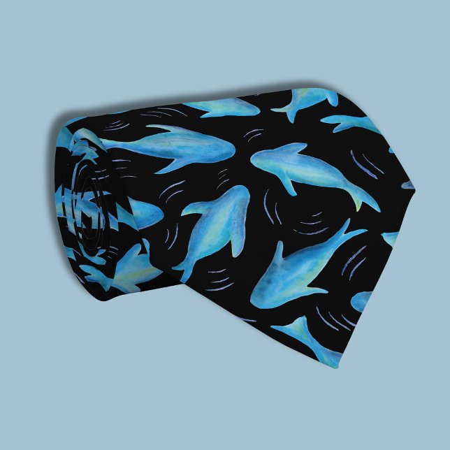 Cravate Sous le motif de poisson requin noir bleu de la me (Blue and black swimming shark fish tie)