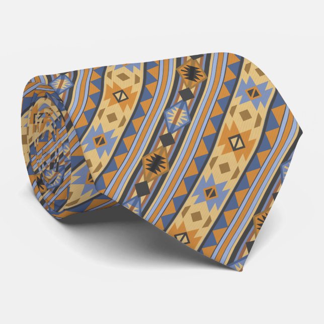 Cravate Southwest Design Gold Blue Grey Tribal Motif (Roulé)