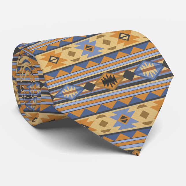 Cravate Southwest Design Gold Blue Grey Tribal Motif (Roulé)