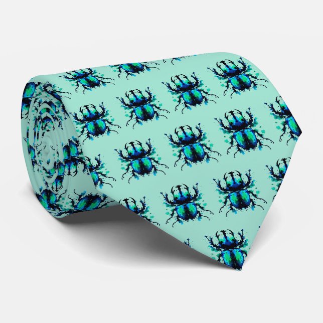 Cravate Splat Scarab Beetle en Motif bleu et vert (Roulé)