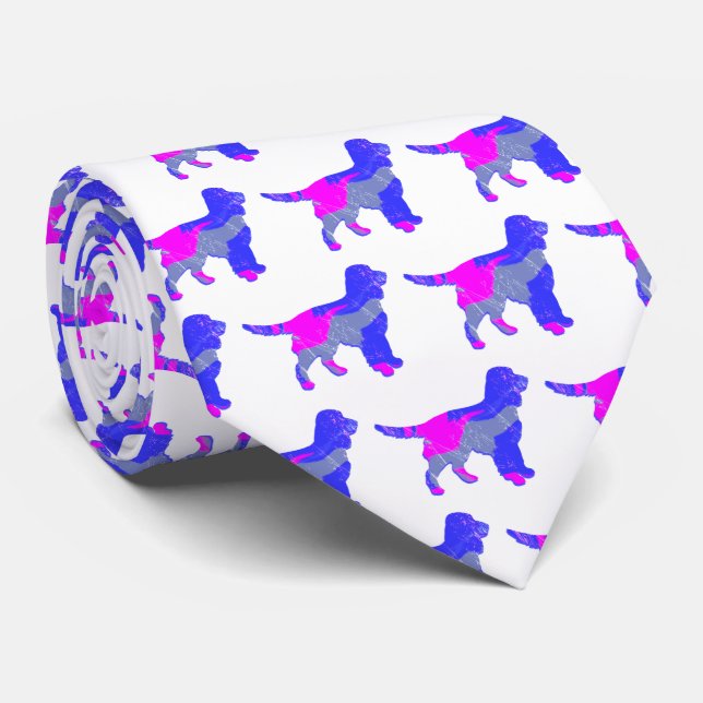 Cravate Sprocker Chien Espagnol Rose et Bleu Cou Blanc fon (Roulé)