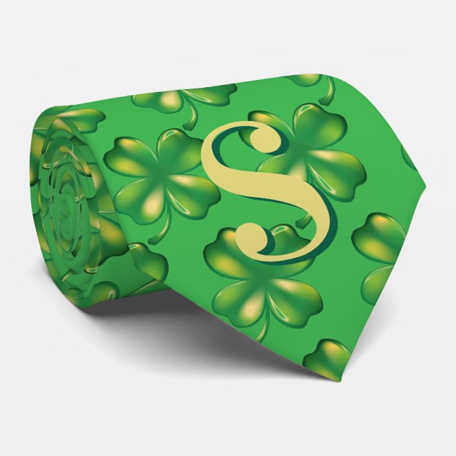 Cravate St. Patrick's Day Men's Monogram Green Shamrock (Roulé)