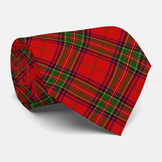 Cravate Stewart / Stuart tartan rouge vert plaid (Roulé)