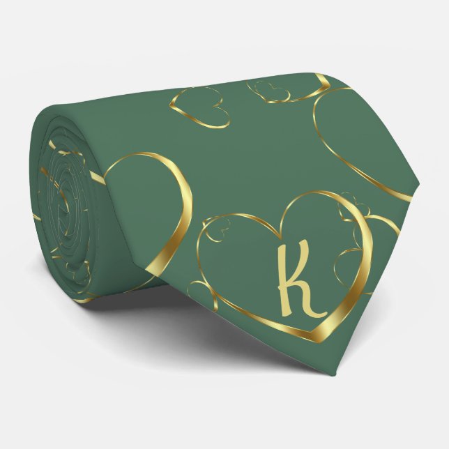 Cravate Style Gold Heart Monogramme Vert Valentine Love (Roulé)