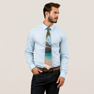Cravate Style Vintage Hawaïen Palmiers Mer Bleu Ciel Voyag