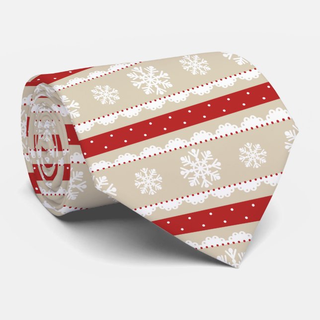 Cravate Stylish Red Beige White Christmas Snowflakes (Roulé)