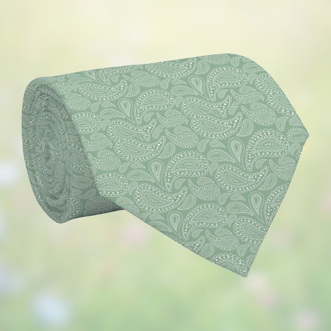 Cravate Subtil Paisley Vert Sauge Blanc Couleurs de Printe (Créateur téléchargé)
