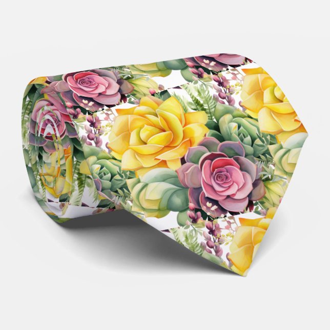 Cravate Succulentes roses jaunes et vertes audacieuses (Roulé)