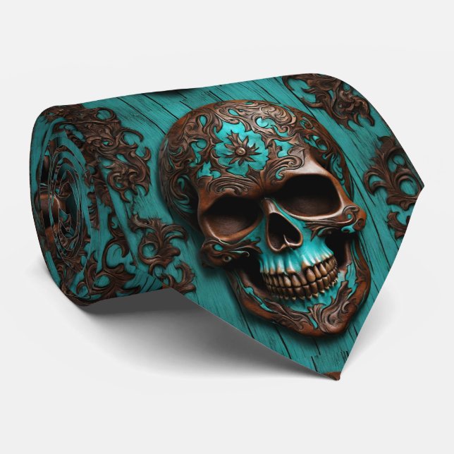 Cravate Sud Ouest Brown Turquoise Crâne à sucre (Roulé)