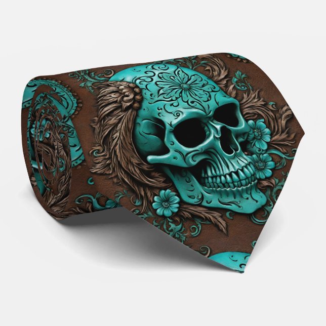 Cravate Sud Turquoise Pays Ouest Crâne floral (Roulé)