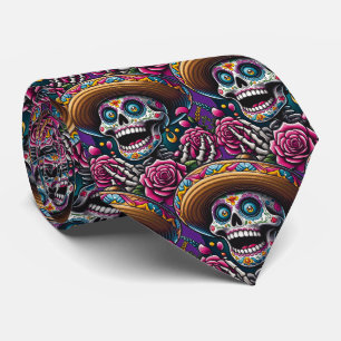 Cravate Sugar Skull Art - Skeleton Sombrero Roses Calavera