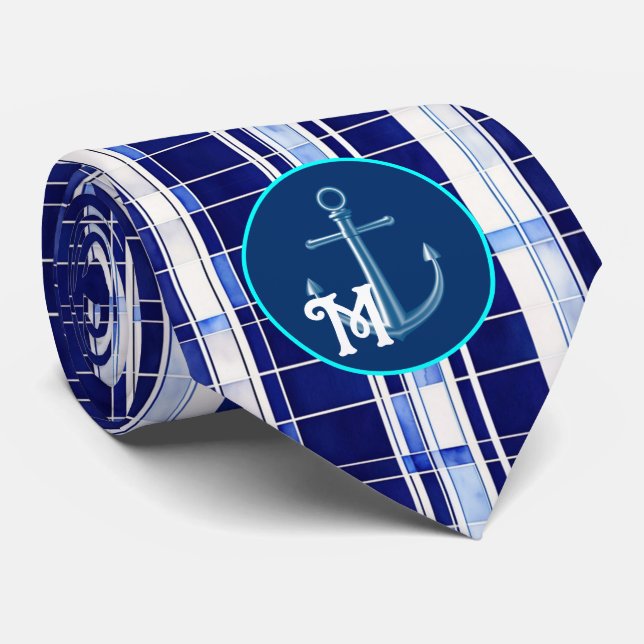 Cravate Summer Navy Blue Boat Collection de rayures modern (Roulé)