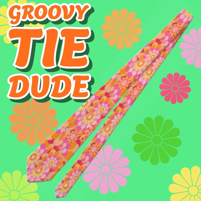 Cravate Super Psy Rose Orange Hippy Flower (Groovy Psychedelic Floral TIe)