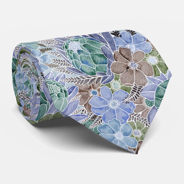 Cravate Super Retro Blue Protea Et Motif Daisy (Roulé)