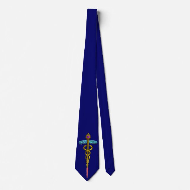 Cravate SYMBOLE MÉDICALE D'OR CADUCUS, Bleu (Devant)