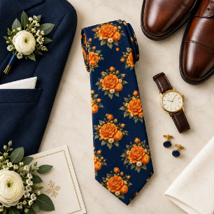 Cravate Tangerine Orange Tagète sur Floral Navy Minuit